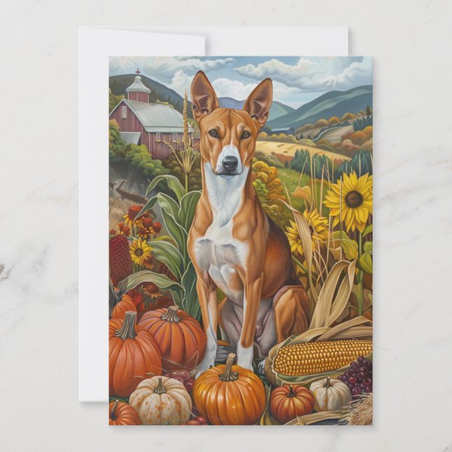 Tarjeta Festiva Basenji Dog Autumn Harvest Acción de Gracias (Anverso)