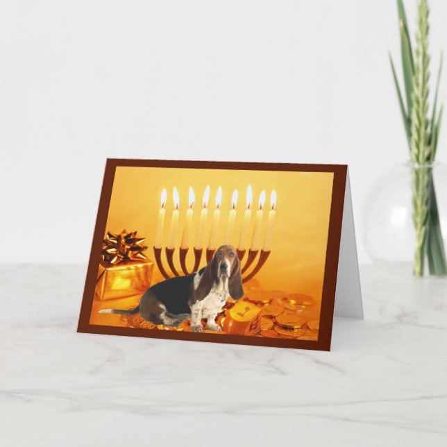 Tarjeta Festiva Basset Hound Chanukah Card Menorah (Anverso)