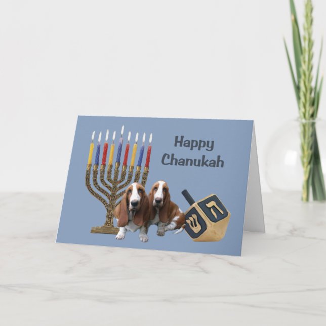 Tarjeta Festiva Basset Hound Chanukah Card Menorah Dreidel (Anverso)