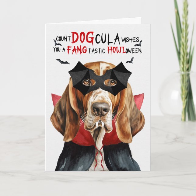 Tarjeta Festiva Basset Hound Dog Funny Count DOGcula Halloween (Anverso)