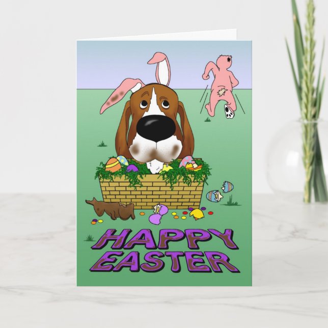 Tarjeta Festiva Basset Hound Happy Easter (Anverso)