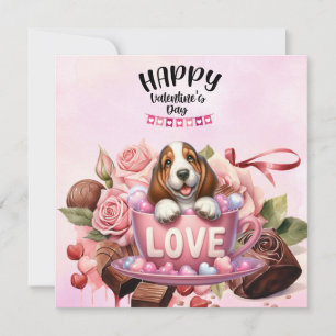 Tarjeta Festiva Basset Hound Puppy Dog for Valentine's Day