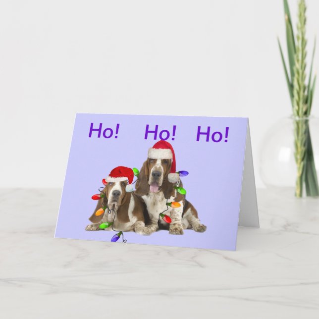 Tarjeta Festiva Basset Hounds Ho Ho Ho Ho Merry Christmas Cards (Anverso)
