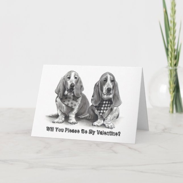 Tarjeta Festiva BASSET HOUNES, ¿Serás Mi Valentín, Por Favor? (Anverso)