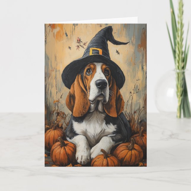 Tarjeta Festiva Basset Witch Halloween (Anverso)