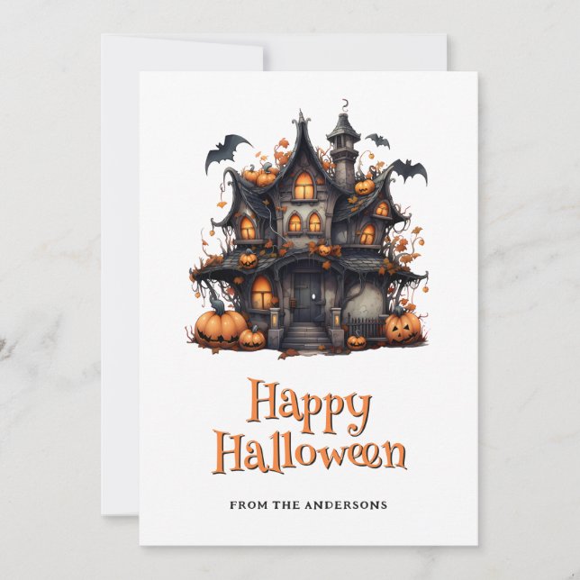 Tarjeta Festiva Bats Pumpkins Ghost Hauned House Halloween Card (Anverso)