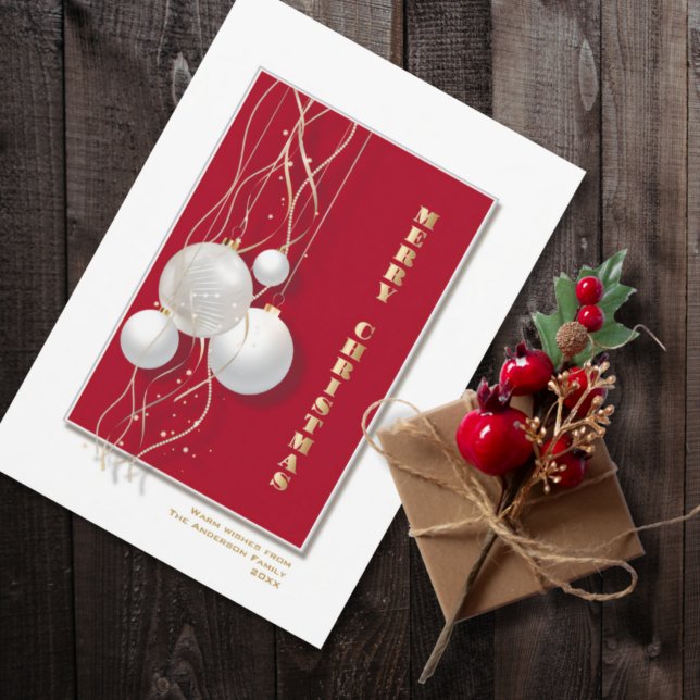 Tarjeta Festiva Baubles de Navidades blancos rojos elegantes (Subido por el creador)