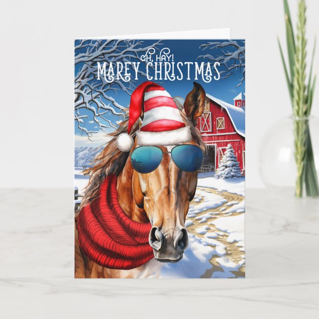 Tarjeta Festiva Bay Sorrel Horse Funny Navidades MAREy (Anverso)