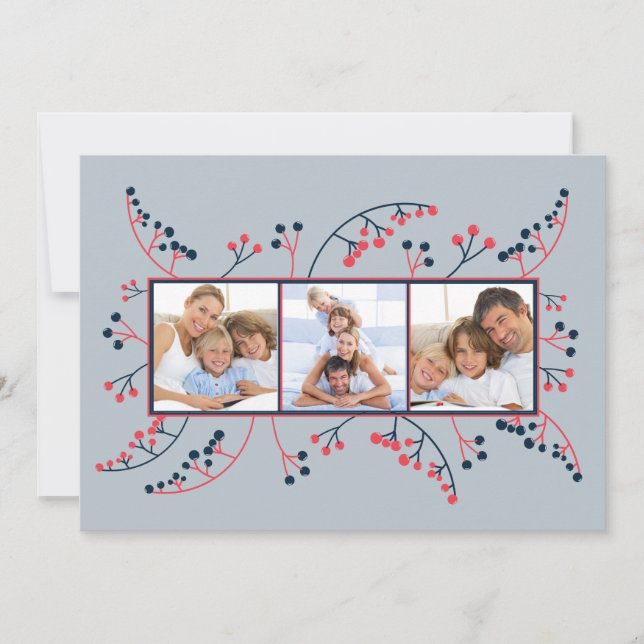 Tarjeta Festiva Bayas azules rojas modernas Foto Navidades planos (Anverso)