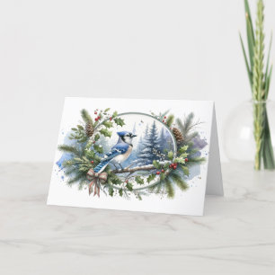 Tarjeta Festiva Bayas de Acebo del Bosque de Arrendajo Azul Siempr