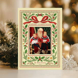 Tarjeta Festiva Bayas de Holly y Cinta Roja Pintura Vintage