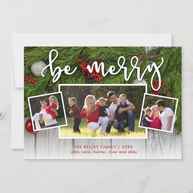 Tarjeta Festiva Be Merry 3 Photo Evergreen Holiday Card (Anverso)