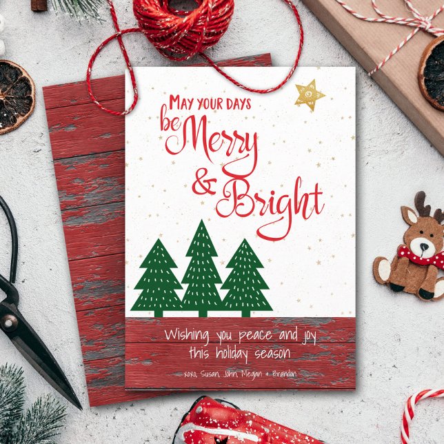 Tarjeta Festiva Be Merry and Bright Gold Star Tree Red Rusood (Subido por el creador)