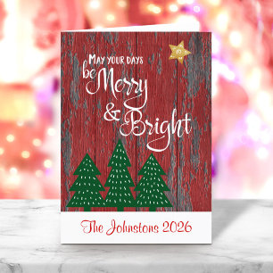 Tarjeta Festiva Be Merry Bright Script Rustic Wood Gold Star Treys
