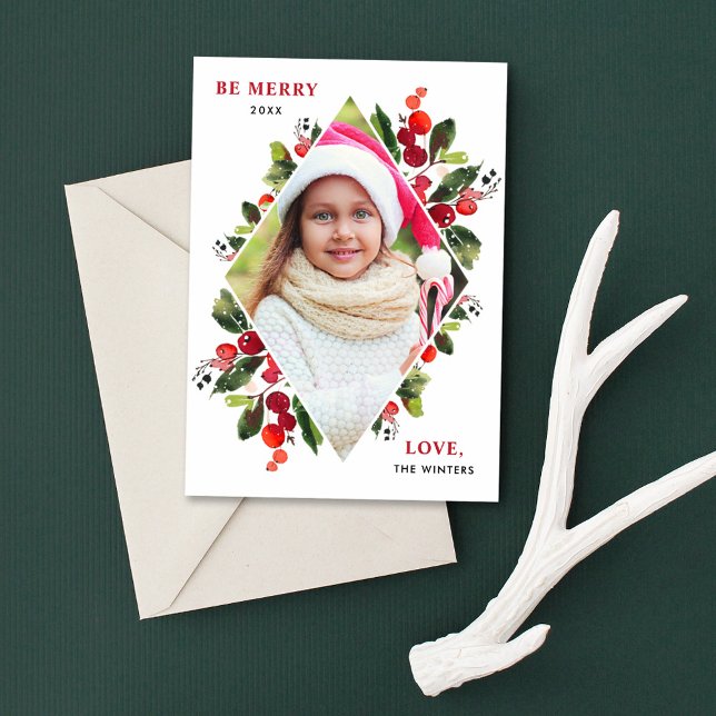 Tarjeta Festiva Be Merry Modern Watercolor Greenery Diamond Photo (Subido por el creador)
