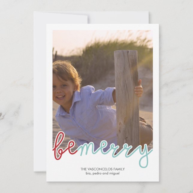 Tarjeta Festiva Be Merry Photo Navidades Holiday Wiers Red Blue (Anverso)