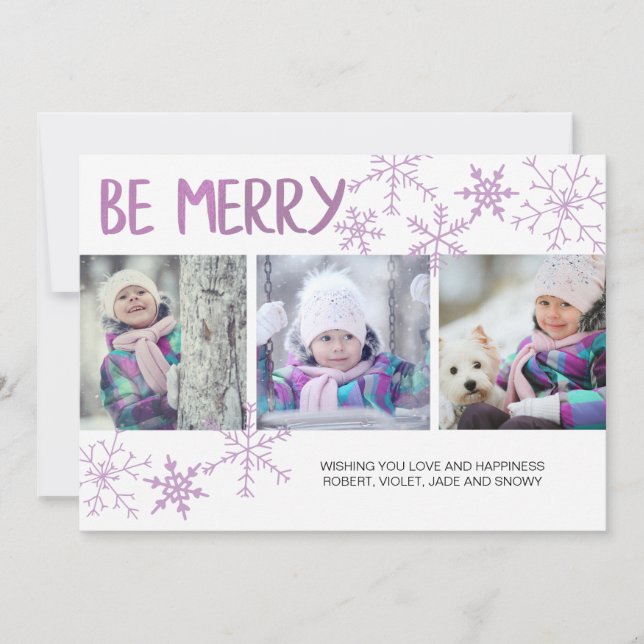 Tarjeta Festiva Be Merry Purple Snowflakes Three Collage de fotos (Anverso)