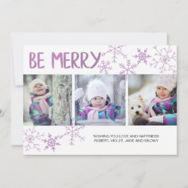Tarjeta Festiva Be Merry Purple Snowflakes Three Collage de fotos