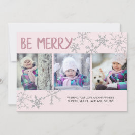 Tarjeta Festiva Be Merry Snowflakes 3 Collage de fotos Rosa