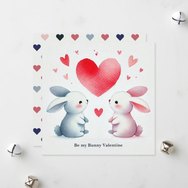 Tarjeta Festiva "Be My Bunny Valentine" Watercolor Cute Bunnies (Anverso/Reverso In Situ)
