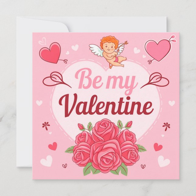 Tarjeta Festiva Be my valentine Cupid roses (Anverso)