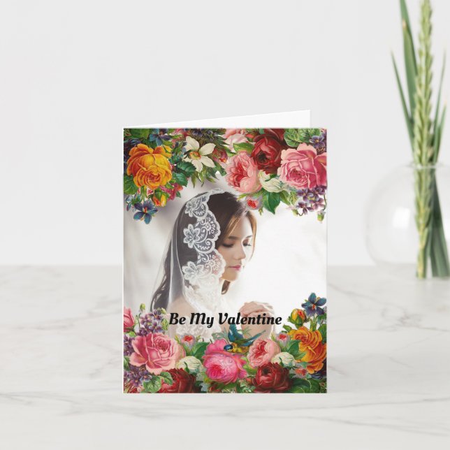 Tarjeta Festiva Be my Valentine Floral Photo Boda (Anverso)