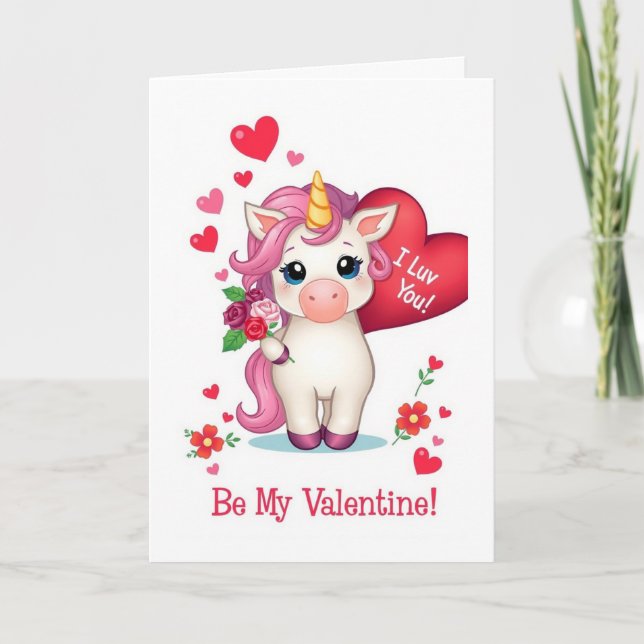 Tarjeta Festiva Be My Valentine!  I Luv You!  Valentines Unicorn (Anverso)