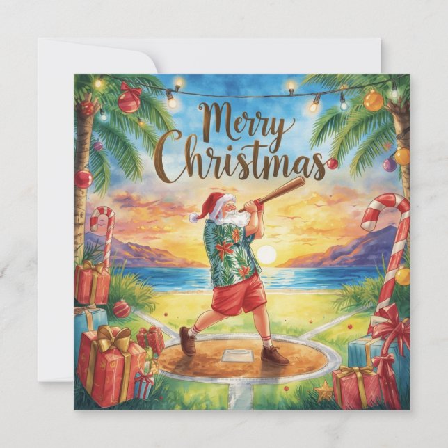 Tarjeta Festiva Beach Baseball Christmas with Santa Claus (Anverso)