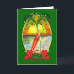 Tarjeta Festiva Beach Mele Kalikimaka<br><div class="desc">Mele Kalikimaka,  hawaiano para Feliz Navidad. Arte de playa con una palmera decorada con lámparas de Navidad y adornos.</div>