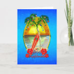 Tarjeta Festiva Beach Mele Kalikimaka<br><div class="desc">Mele Kalikimaka,  hawaiano para Feliz Navidad. Arte de playa con una palmera decorada con lámparas y adornos Navidades y un fondo azul océano tropical.</div>