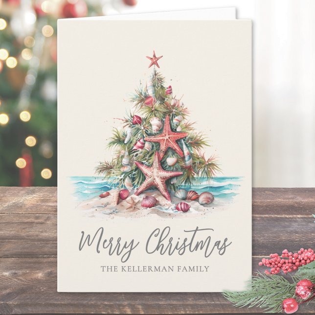 Tarjeta Festiva Beach Merry Christmas Tree (Beach Merry Christmas Tree Holiday Card)