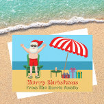 Tarjeta Festiva Beach Santa Claus Cute Custom Sunny Christmas<br><div class="desc">This cute custom sunny Christmas card makes the perfect postcard for warm weather at the pool or beach. Make it a fun north pole themed extravaganza with Santa Claus in his swimming trunks next to a red and white striped beach umbrella and gifts. I've never seen Mr. Klaus in a...</div>