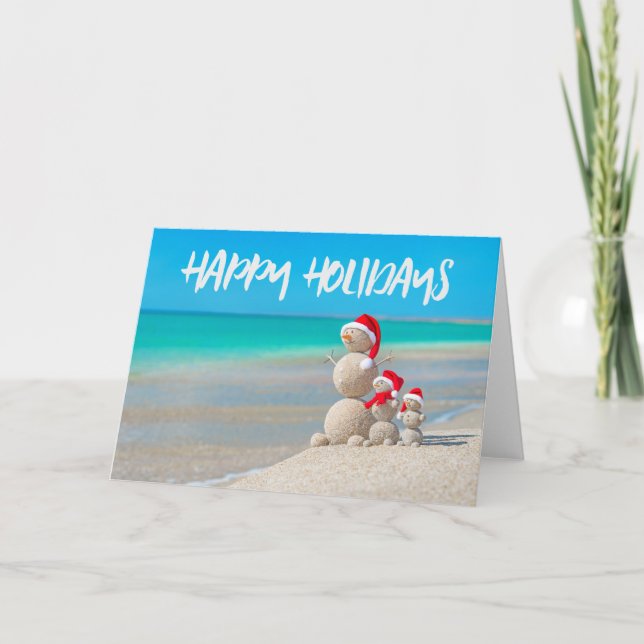 Tarjeta Festiva Beach Tropical Snowman Sand Happy Holidays Card (Anverso)
