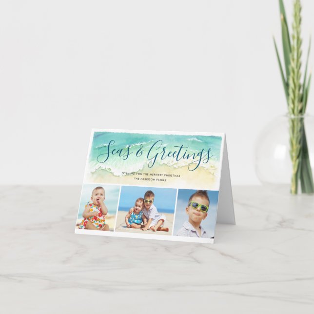 Tarjeta Festiva Beachy Coastal Blue 3-Photo Seas & Greetings (Anverso)
