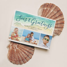 Tarjeta Festiva Beachy Coastal Blue Tres Fotos Mares Y Saludos