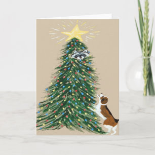 Tarjeta Festiva Beagle con el mapache de Treed