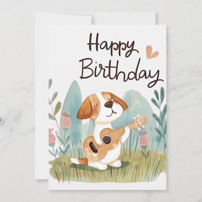 Tarjeta Festiva Beagle con guitarra Feliz cumpleaños (Anverso)