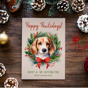 Tarjeta Festiva Beagle Dog Navidades Happy Pawlidays Howlidays