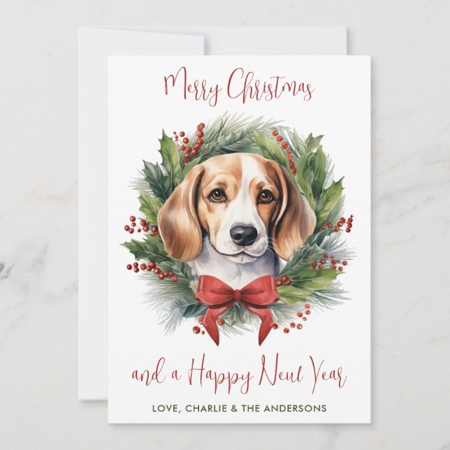 Tarjeta Festiva Beagle Dog Personalizado Wreath Merry Christmas (Anverso)
