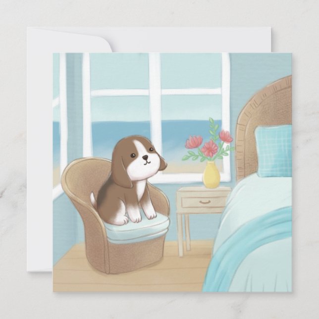 Tarjeta Festiva Beagle en Ilustracion de dormitorio (Anverso)