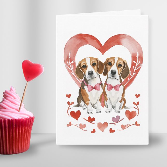 Tarjeta Festiva Beagle Mom Día de San Valentín Dog Love Heart Boni (Beagle dog couple sweet love watercolor wedding engagement vday or anniversary theme pink red heart)