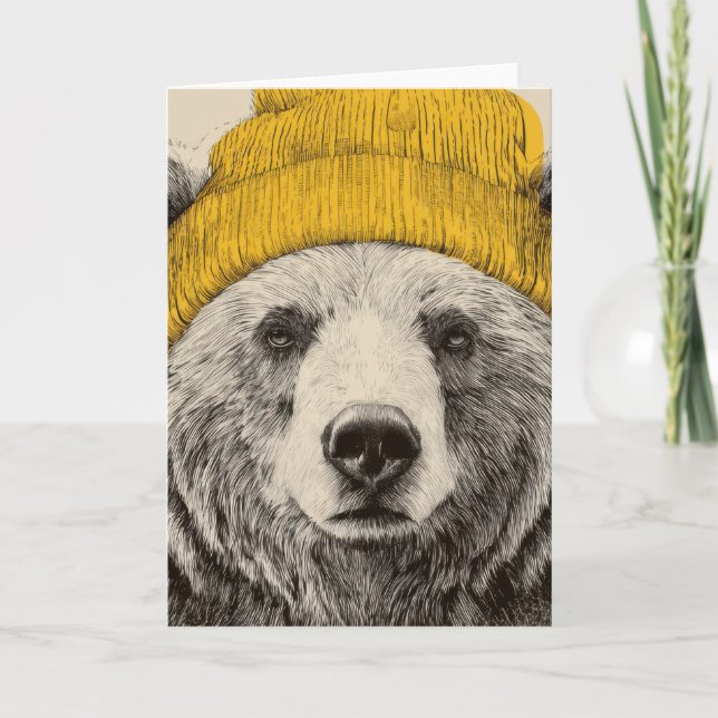 Tarjeta Festiva Bear in Yellow Beanie Rustic Woodland Animal  (Anverso)