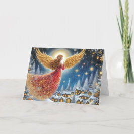 Tarjeta Festiva Beautiful Crimson and Gold Angel Christmas