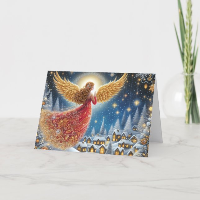 Tarjeta Festiva Beautiful Crimson and Gold Angel Christmas (Anverso)