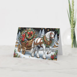 Tarjeta Festiva Beautiful White Horse Pulling Sleigh