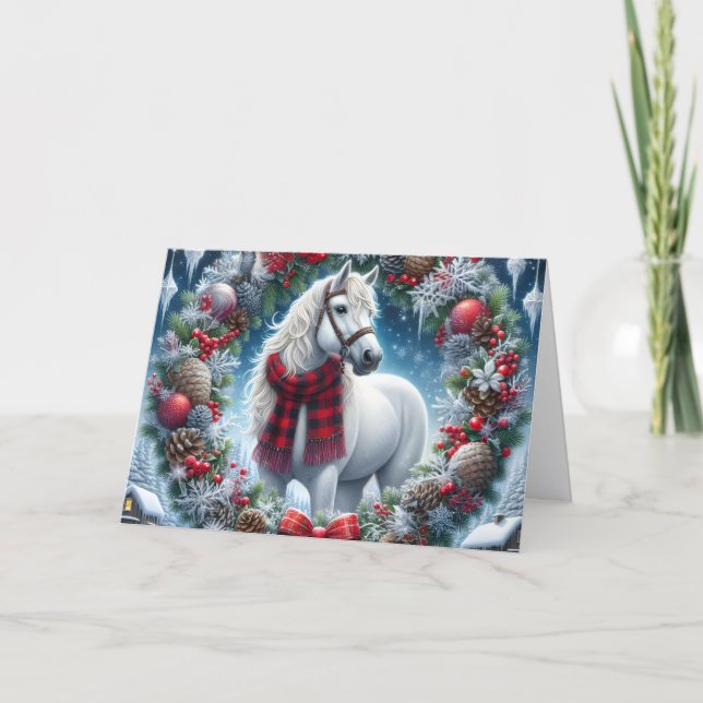 Tarjeta Festiva Beautiful White Horse Wearing Plaid Scarf (Anverso)