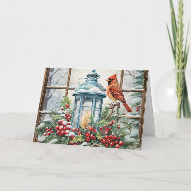 Tarjeta Festiva Beautiful Winter Cardinal with Lantern Christmas (Anverso)