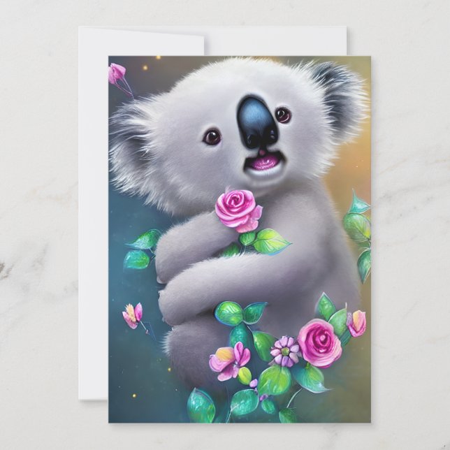 Tarjeta Festiva Bebé adorable Koala Oso con flores (Anverso)