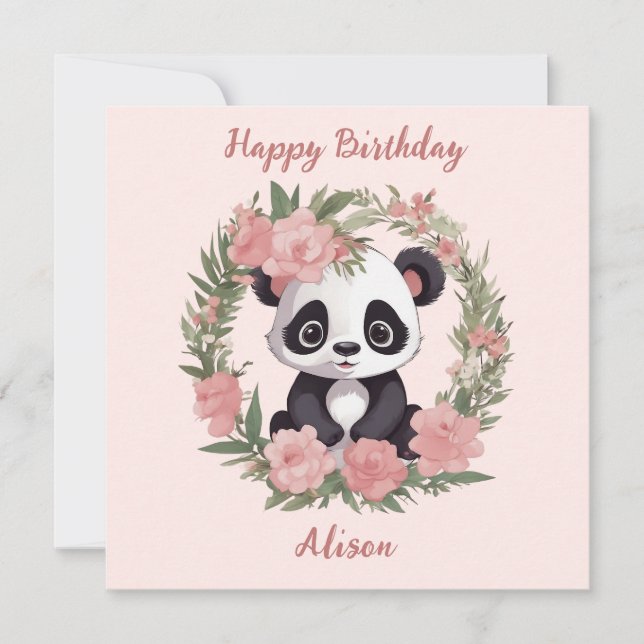 Tarjeta Festiva Bebé Adorable Panda Bear con Flores (Anverso)