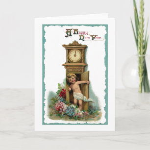 Tarjeta Festiva Bebé Año Nuevo vendiendo reloj